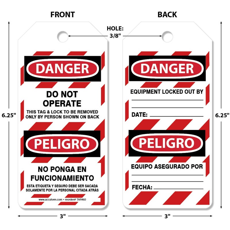 AccuformNMC 100 Lockout Tags by-The-Roll, Bilingual Danger Do Not Operate/Peligro No Ponga En Funcionamient, US Made OSHA Compliant Tags, Waterproof PF-Cardstock, Resists Tears, 6.25"x3", TAR460 - Image 2